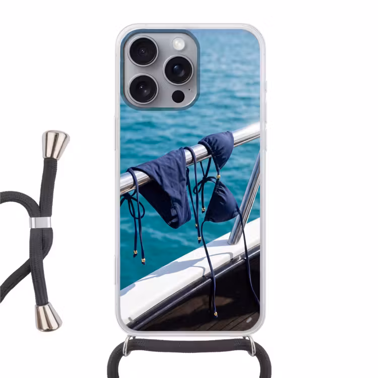 Bikini - Reling - Zee - Zomer - Blauw Hoesje iPhone 16 Pro Max met koord klein -3d