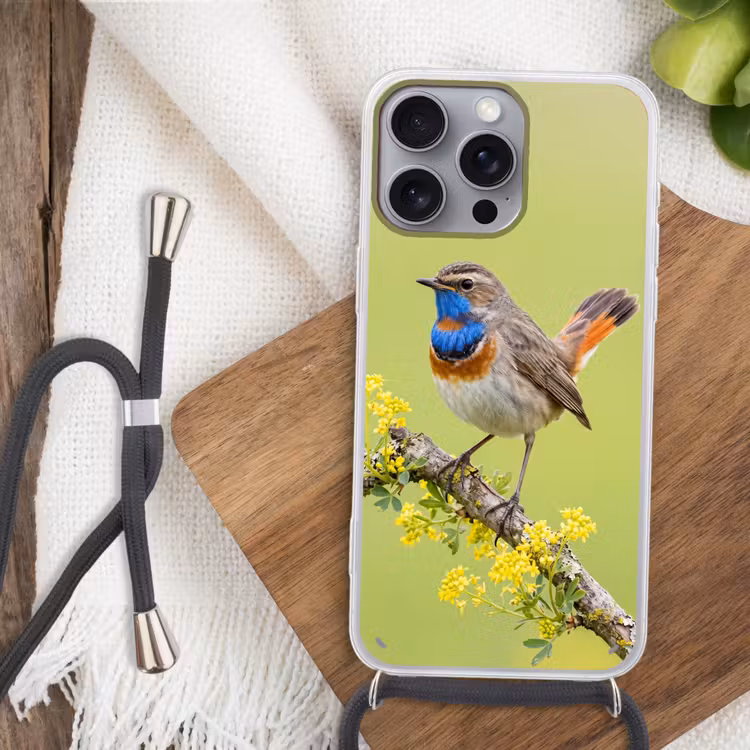 Vogel - Tak - Natuur - Kleurrijk Hoesje iPhone 16 Pro Max met koord klein -sfeer4