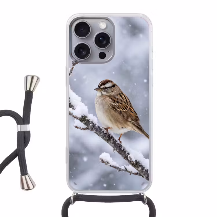Vogel - Tak - Sneeuw - Winter Hoesje iPhone 16 Pro Max met koord klein -3d