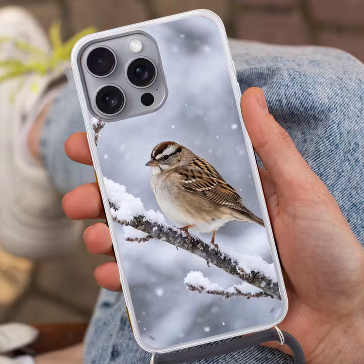 Vogel - Tak - Sneeuw - Winter Hoesje iPhone 16 Pro Max met koord klein -sfeer3
