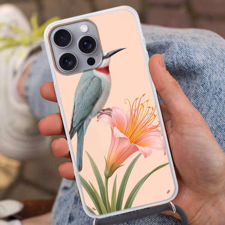 Vogel - Bloem - Natuur - Roze Hoesje iPhone 16 Pro Max met koord klein -sfeer3