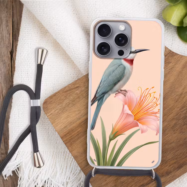 Vogel - Bloem - Natuur - Roze Hoesje iPhone 16 Pro Max met koord klein -sfeer4