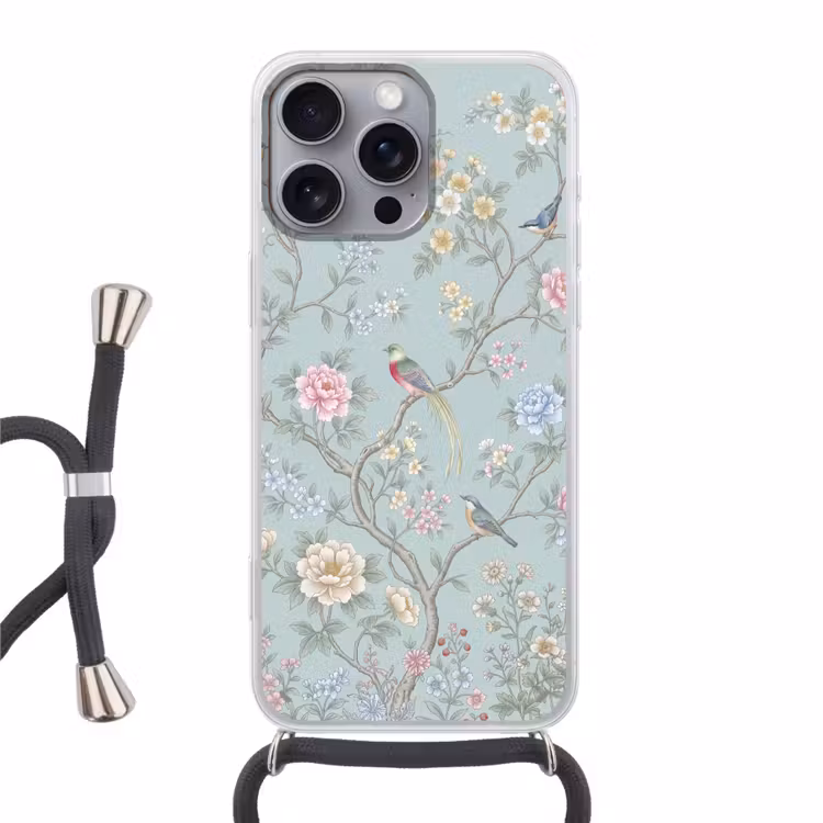 Vogel - Bloemen - Kleurrijk Hoesje iPhone 16 Pro Max met koord klein -3d