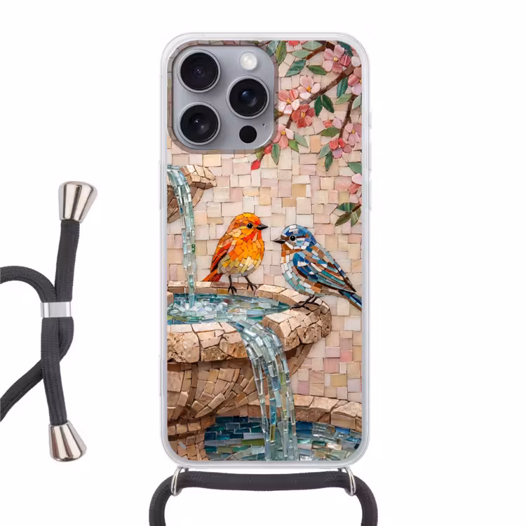 Vogel - fontein - mozaiek - kleurrijk - dieren Hoesje iPhone 16 Pro Max met koord klein -3d
