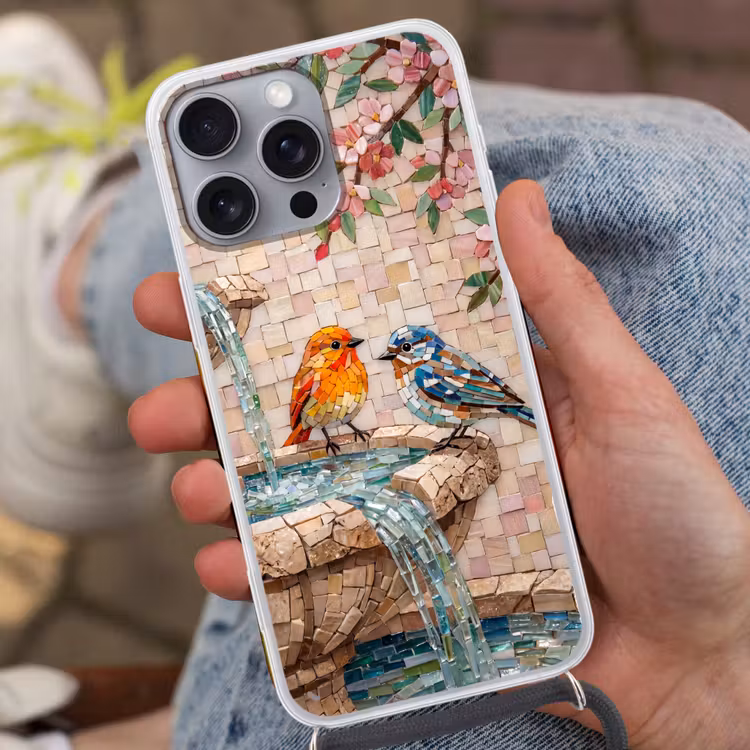 Vogel - fontein - mozaiek - kleurrijk - dieren Hoesje iPhone 16 Pro Max met koord klein -sfeer3