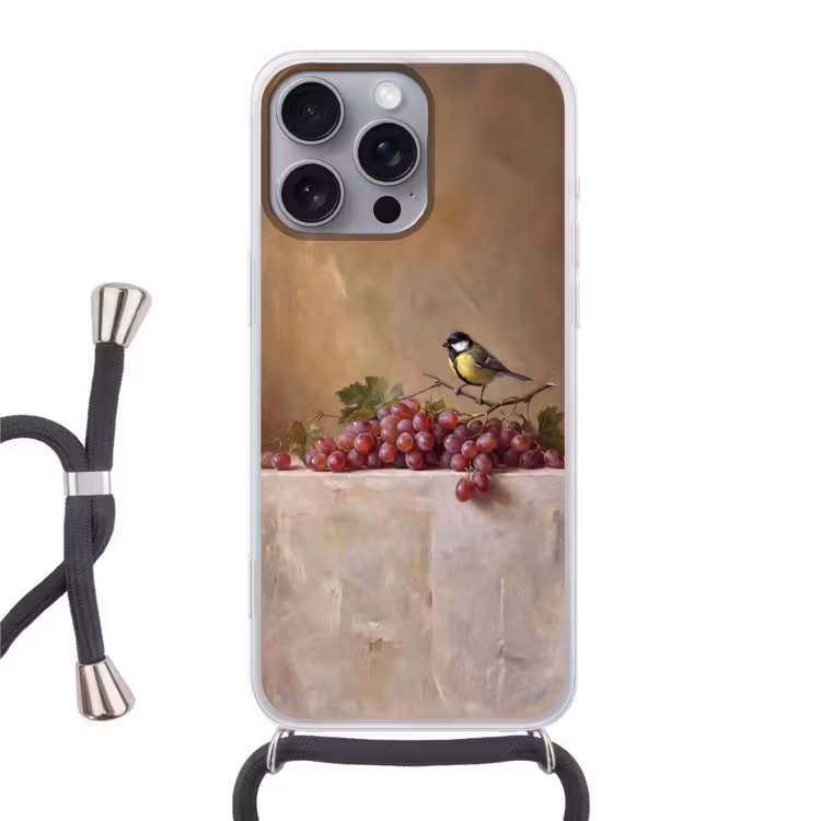 Phone case crossbody - Bird - Grapes - Still Life - Vogel - Druiven - Stilleven Hoesje iPhone 16 Pro Max met koord klein