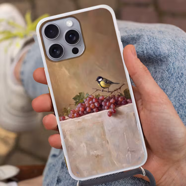 Phone case crossbody - Bird - Grapes - Still Life - Vogel - Druiven - Stilleven Hoesje iPhone 16 Pro Max met koord klein
