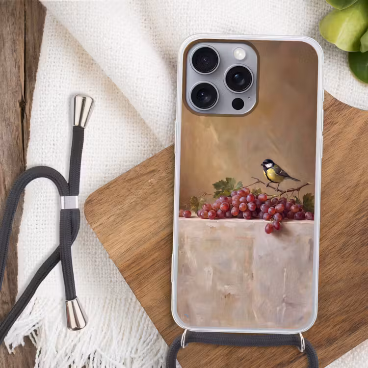 Phone case crossbody - Bird - Grapes - Still Life - Vogel - Druiven - Stilleven Hoesje iPhone 16 Pro Max met koord klein