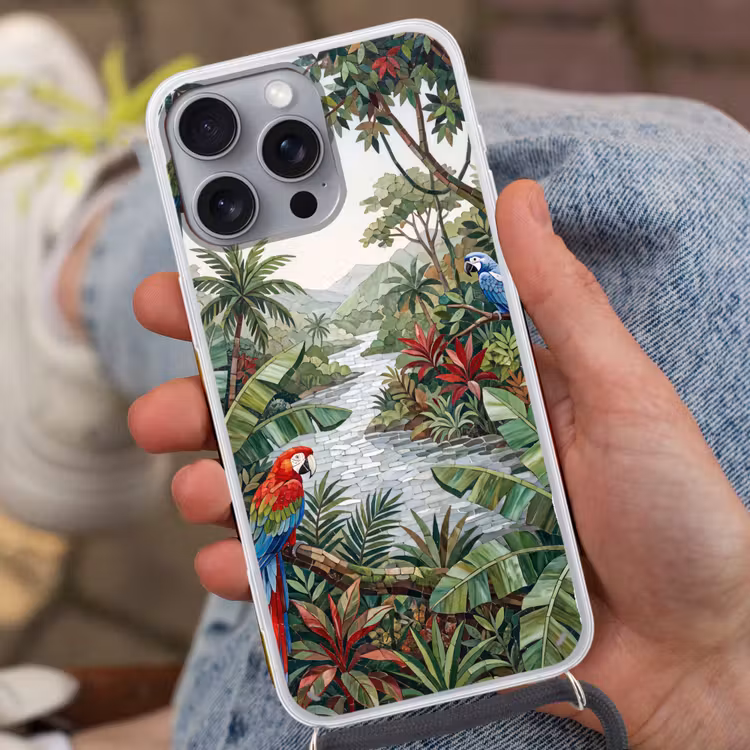 Vogel - Jungle - Natuur - Mozaïek - Groen Hoesje iPhone 16 Pro Max met koord klein -sfeer3
