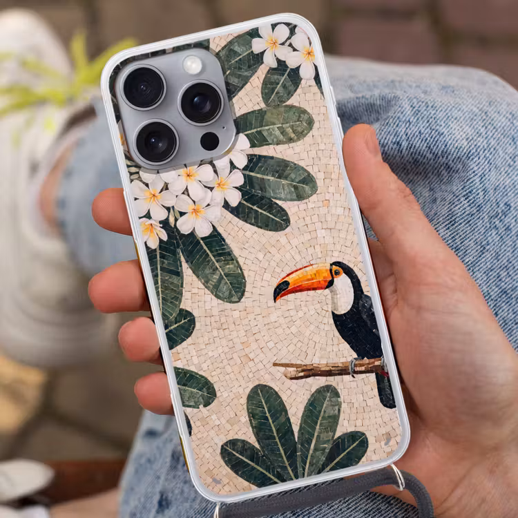Vogel - Mozaïek - Tropisch - Natuur - Kleurrijk Hoesje iPhone 16 Pro Max met koord klein -sfeer3