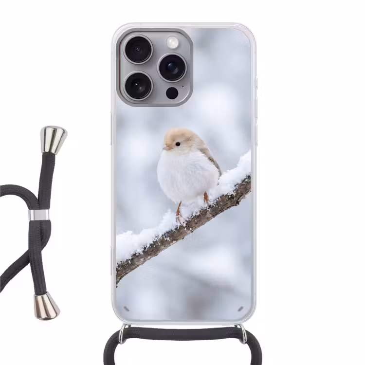 Vogeltje - Sneeuw - Tak - Winter - Zacht Hoesje iPhone 16 Pro Max met koord klein -3d