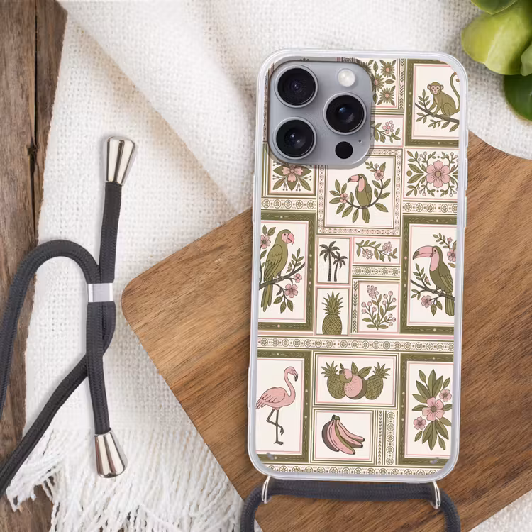 Vogel - Tropisch - Patroon - Decoratief - Groen Hoesje iPhone 16 Pro Max met koord klein -sfeer4