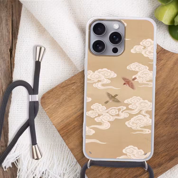 Vogels - Vliegen - Beige Hoesje iPhone 16 Pro Max met koord klein -sfeer4