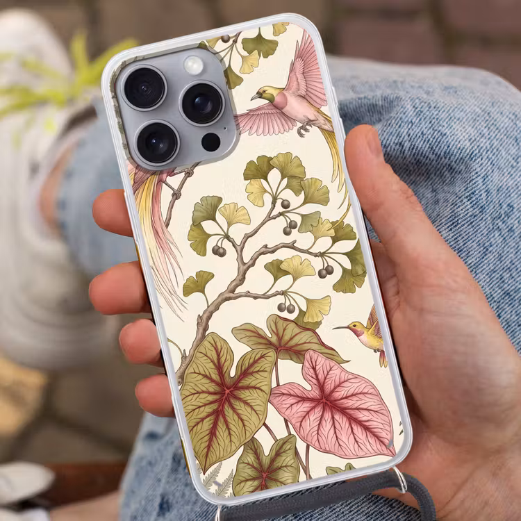 Vogels - Tropisch - Botanisch - Roze Hoesje iPhone 16 Pro Max met koord klein -sfeer3