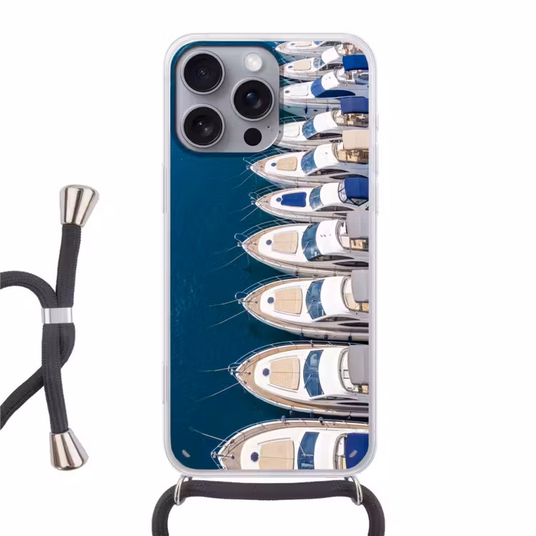 Boot - Jachthaven - Water - Zomer - Blauw Hoesje iPhone 16 Pro Max met koord klein -3d