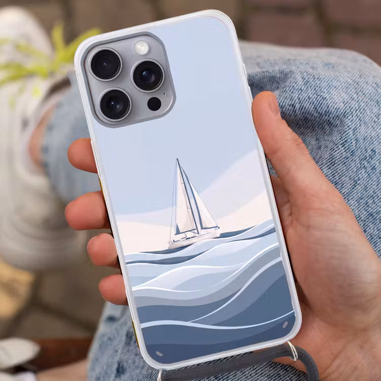 Boot - Zeil - Zee - Modern - Beige Hoesje iPhone 16 Pro Max met koord klein -sfeer3