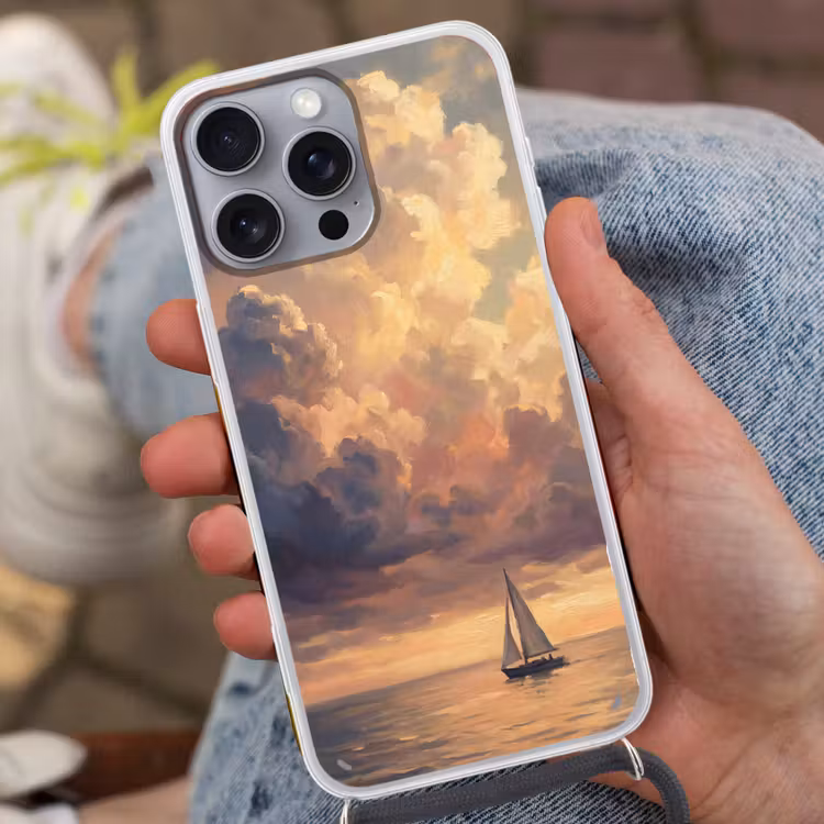Boot - Zonsondergang - Zee - Natuur - Goud Hoesje iPhone 16 Pro Max met koord klein -sfeer3
