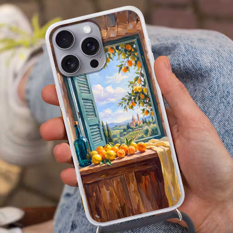 Phone case crossbody - Bottle - Fruit - Still Life - Fles - Fruit - Stilleven Hoesje iPhone 16 Pro Max met koord klein