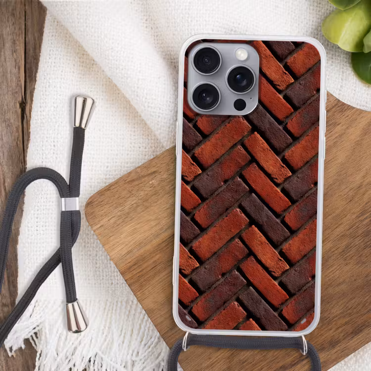 Bakstenen - Visgraat - Structuur - Roodbruin Hoesje iPhone 16 Pro Max met koord klein 804 -sfeer4
