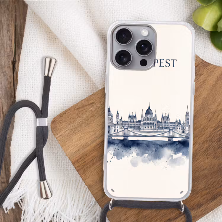 Boedapest - Skyline - Architectuur - Aquarel - Blauw Hoesje iPhone 16 Pro Max met koord klein -sfeer4
