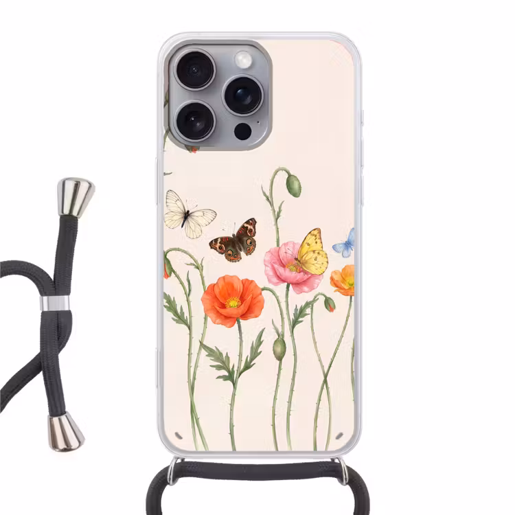 Vlinders - Klaprozen - Illustratie - Kleurrijk Hoesje iPhone 16 Pro Max met koord klein -3d