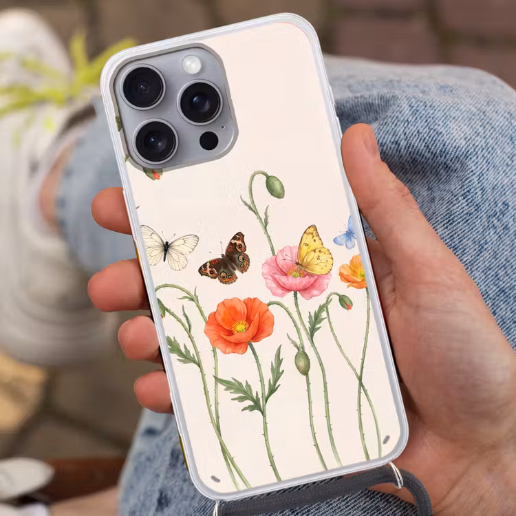 Vlinders - Klaprozen - Illustratie - Kleurrijk Hoesje iPhone 16 Pro Max met koord klein -sfeer3