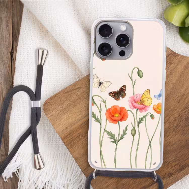 Vlinders - Klaprozen - Illustratie - Kleurrijk Hoesje iPhone 16 Pro Max met koord klein -sfeer4