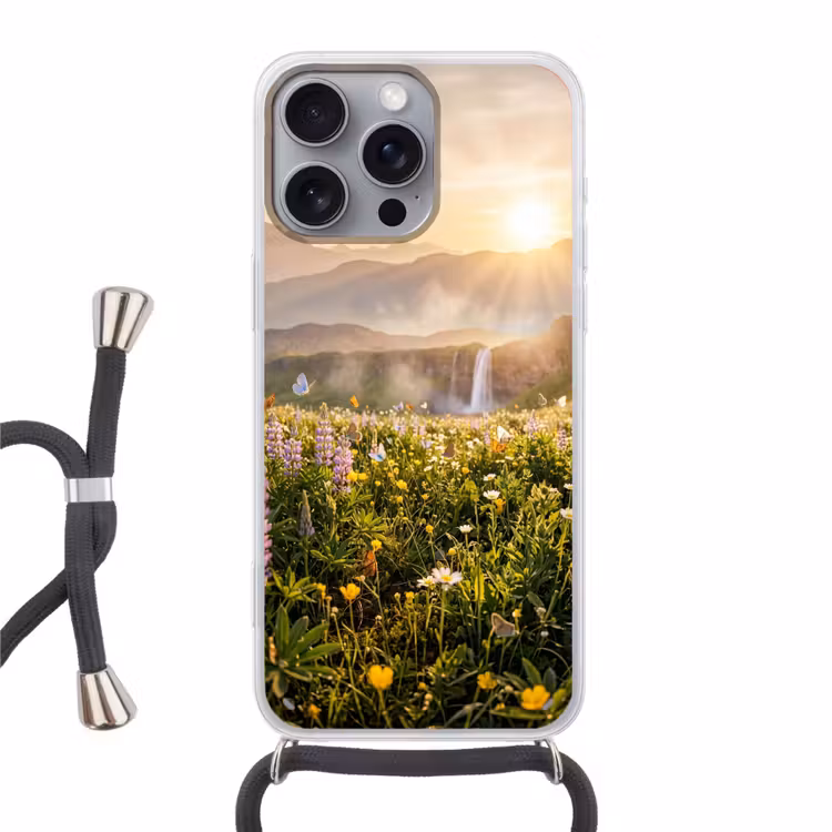 Vlinders - Waterval - Bloemenveld Hoesje iPhone 16 Pro Max met koord klein -3d