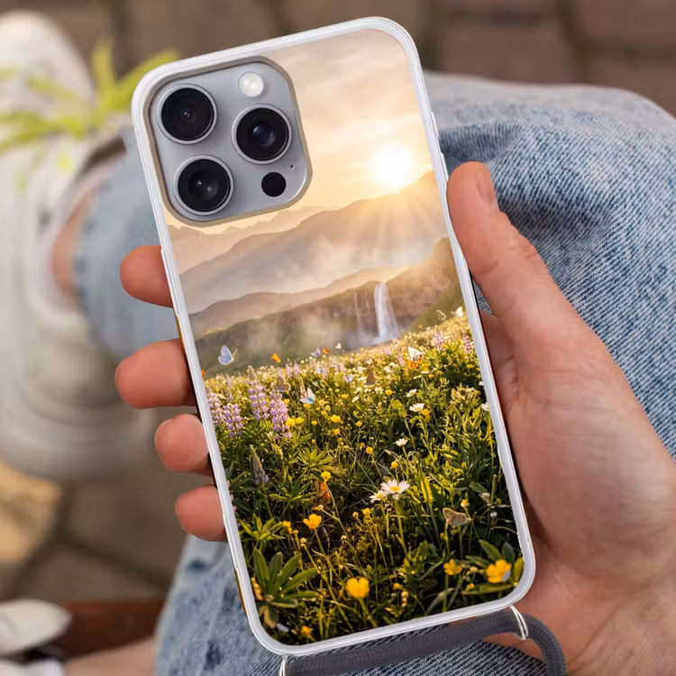 Vlinders - Waterval - Bloemenveld Hoesje iPhone 16 Pro Max met koord klein -sfeer3