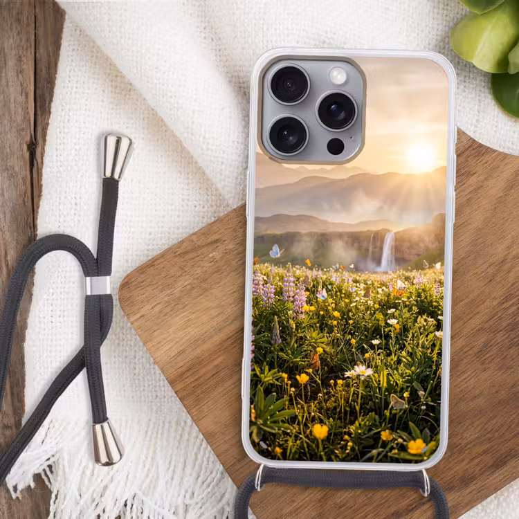 Vlinders - Waterval - Bloemenveld Hoesje iPhone 16 Pro Max met koord klein -sfeer4