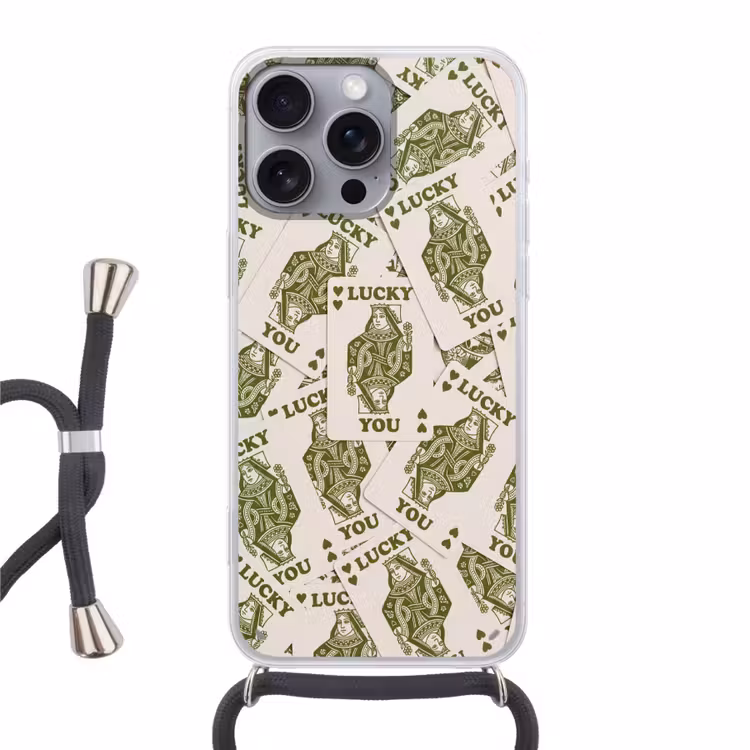 Kaarten - Koningin - Patroon - Groen - Spel Hoesje iPhone 16 Pro Max met koord klein -3d