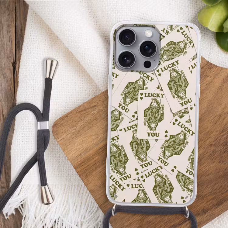 Kaarten - Koningin - Patroon - Groen - Spel Hoesje iPhone 16 Pro Max met koord klein -sfeer4
