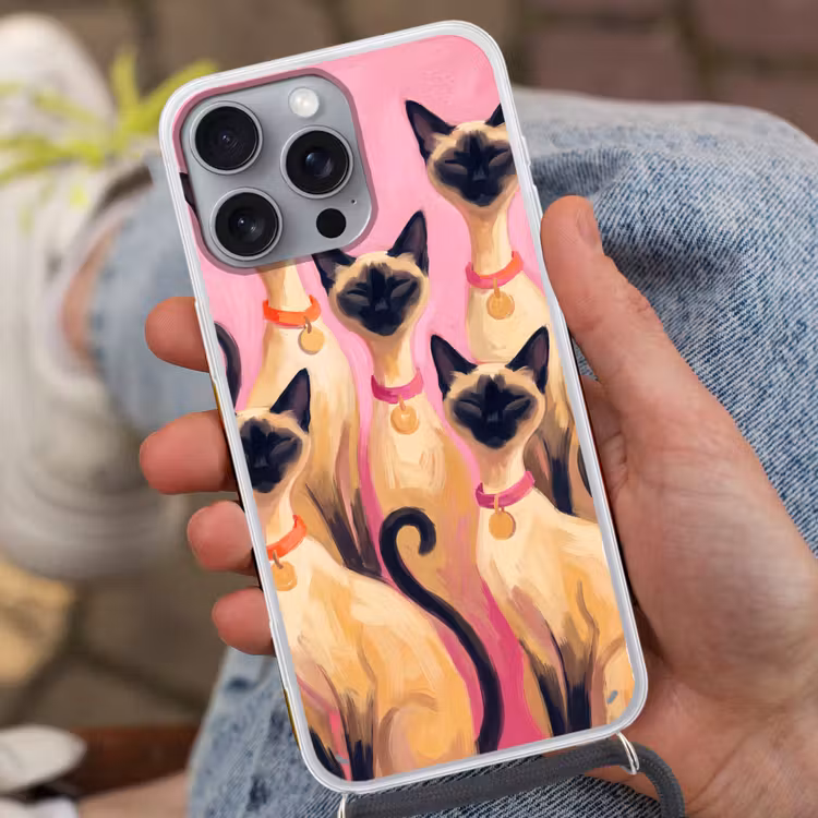 Kat - Groep - Dieren - Modern - Roze Hoesje iPhone 16 Pro Max met koord klein -sfeer3