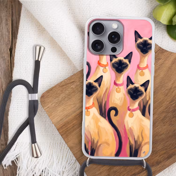 Kat - Groep - Dieren - Modern - Roze Hoesje iPhone 16 Pro Max met koord klein -sfeer4