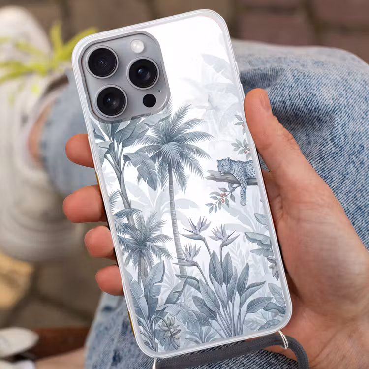 Kat - Tropisch bos - Modern - Grijs Hoesje iPhone 16 Pro Max met koord klein -sfeer3