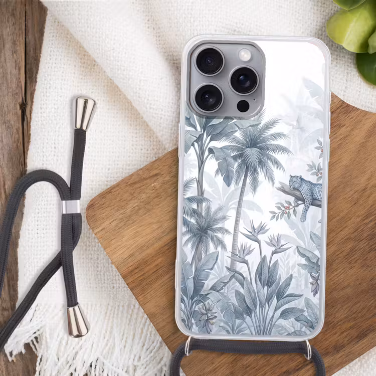 Kat - Tropisch bos - Modern - Grijs Hoesje iPhone 16 Pro Max met koord klein -sfeer4