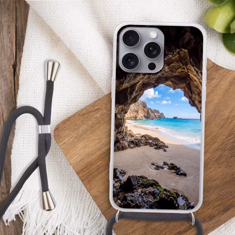 Grot - Strand - Zee - Blauw Hoesje iPhone 16 Pro Max met koord klein -sfeer4
