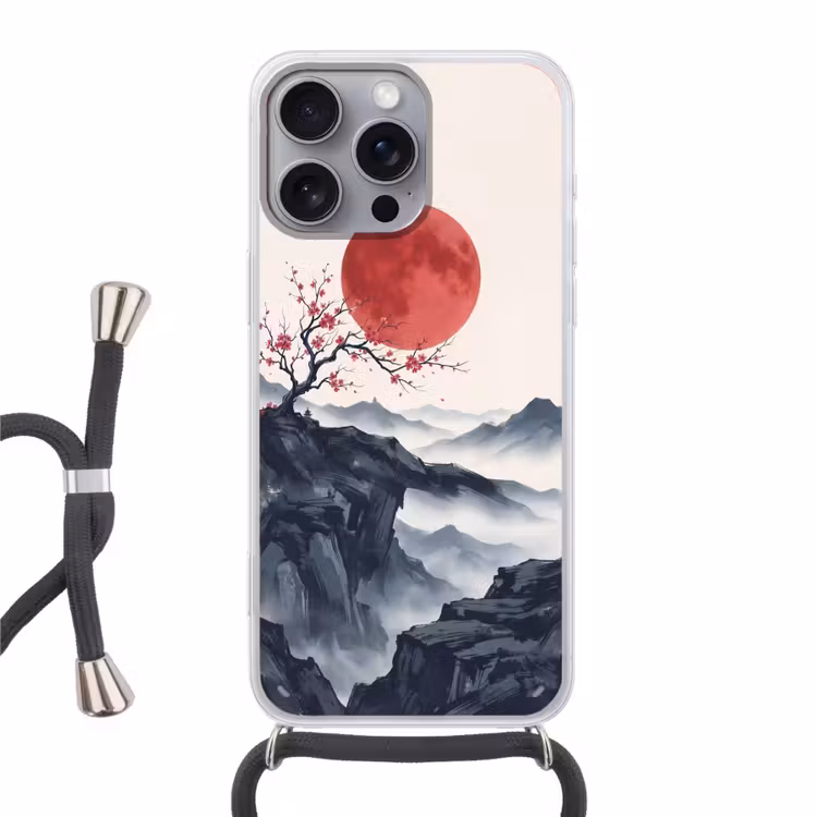 Kersenbloesem - Oosters - Rood Hoesje iPhone 16 Pro Max met koord klein -3d
