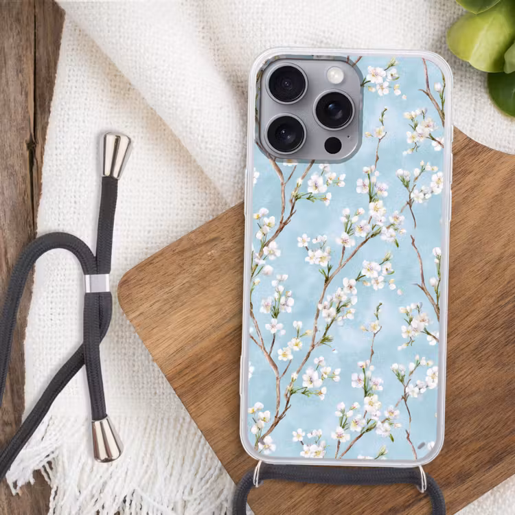 Kersenbloesem - Textuur - Blauw Hoesje iPhone 16 Pro Max met koord klein 804 -sfeer4