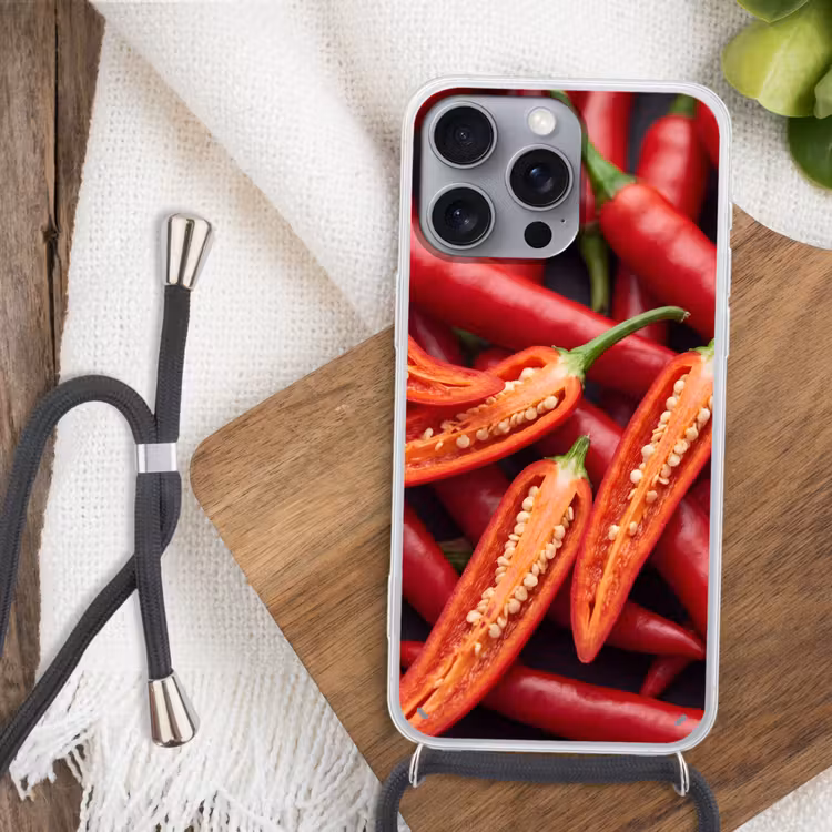Phone case crossbody - Chili Pepper - Open - Red - Chilipeper - Open - Rood Hoesje iPhone 16 Pro Max met koord klein