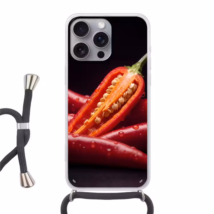 Phone case crossbody - Chili Pepper - Red - Food - Chilipeper - Rood - Eten Hoesje iPhone 16 Pro Max met koord klein