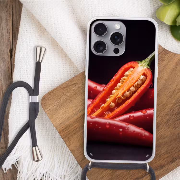 Phone case crossbody - Chili Pepper - Red - Food - Chilipeper - Rood - Eten Hoesje iPhone 16 Pro Max met koord klein