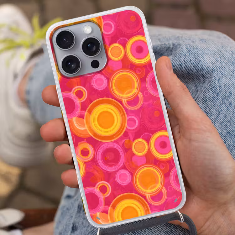 Cirkels - Design - Kleurrijk Hoesje iPhone 16 Pro Max met koord klein 804 -sfeer3