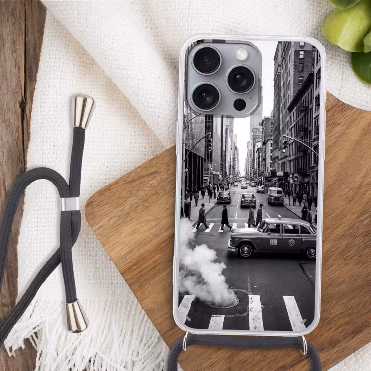 Stad - Straat - Gebouwen - Verkeer - Zwart-wit Hoesje iPhone 16 Pro Max met koord klein -sfeer4