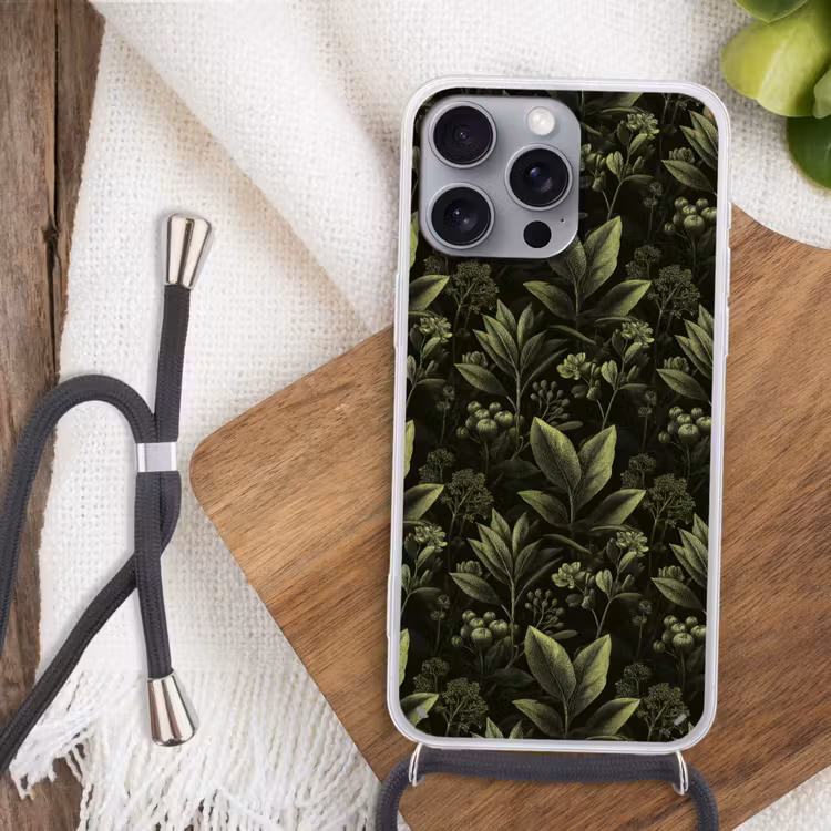 Klassiek - Donker - Botanisch - Planten Hoesje iPhone 16 Pro Max met koord klein 804 -sfeer4