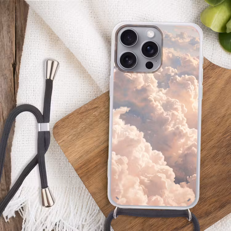 Wolken - Zonsondergang - Natuur - Pastel - Roze Hoesje iPhone 16 Pro Max met koord klein -sfeer4
