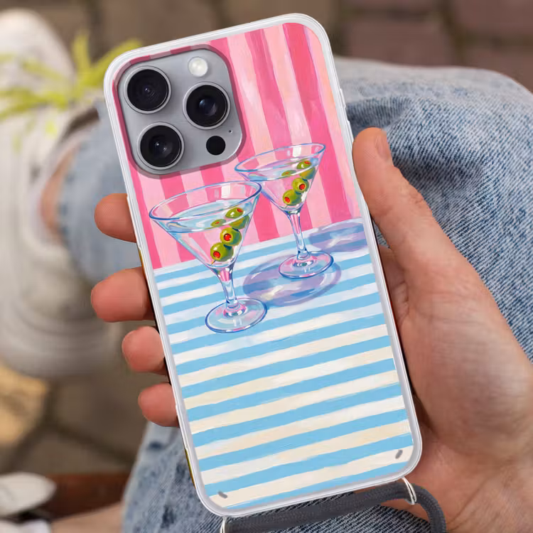 Cocktail - Olijven - Kunst - Modern - Roze Hoesje iPhone 16 Pro Max met koord klein -sfeer3