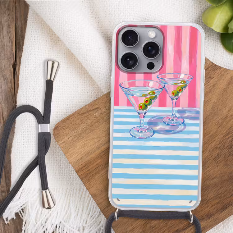 Cocktail - Olijven - Kunst - Modern - Roze Hoesje iPhone 16 Pro Max met koord klein -sfeer4
