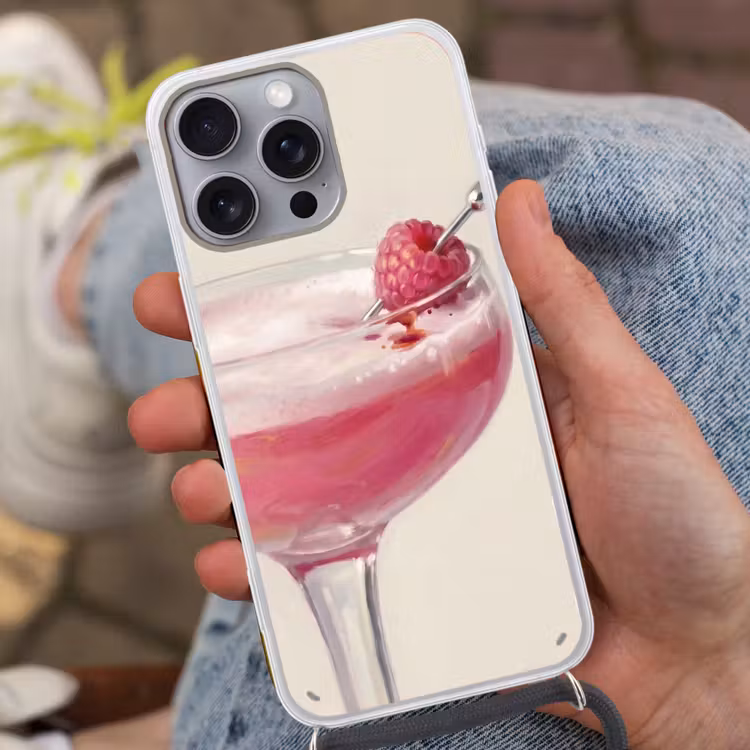 Cocktail - Framboos - Drank - Modern - Roze Hoesje iPhone 16 Pro Max met koord klein -sfeer3