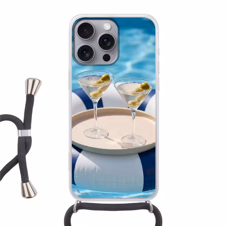 Cocktail - Zwembad - Zomer - Blauw Hoesje iPhone 16 Pro Max met koord klein -3d